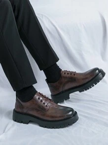 Men Business Formal Round Toe Leather Shoes, Fashionable All-Match Lace-Up Shoes For Weddings And Vacations