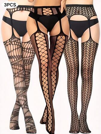 3 Pairs Women Black Fishnet Stockings With Garter Belt, Hollow Out High-Waisted Fishnet Tights, Sexy Fishnet Bodysuit, Sheer & High Elastic Garter Fishnet Stockings, Suspender & Fishnet Tights, Crotchless Pantyhose, Long Legs Hosiery, Suitable For All Seasons