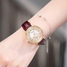 女性玫瑰金貝殼形酒紅色皮帶時尚機械錶，帶日曆顯示，適用於日常裝飾 - 酒紅色 - 查看 5