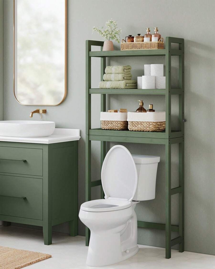 SONGMICS Over The Toilet Storage, 3-Tier Bamboo Over Toilet Rack Bathroom Organizer With Adjustable Shelf, Fit Most Toilets, Space-Saving, Easy Assembly - màu xanh lá - Xem 1