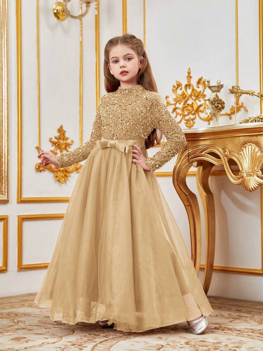 Đầm công chúa dáng chữ A tay dài cổ cao thanh lịch cho bé gái, chất liệu voan, kiểu dáng cứng cáp - Hoàn hảo cho đám cưới, dạ hội trang trọng, lễ tốt nghiệp, buổi biểu diễn ba lê và các sự kiện sang trọng trong kỳ nghỉ. - Rượu sâm banh - Xem 1
