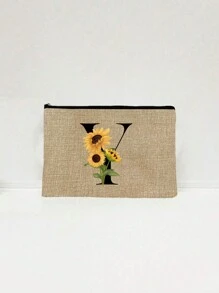 1件套字母印花亚麻拉链包，带零钱包化妆包，向日葵字母亚麻手拿包，教师节礼物，女士生日礼物，旅行收纳包：户外美妆的完美之选！
