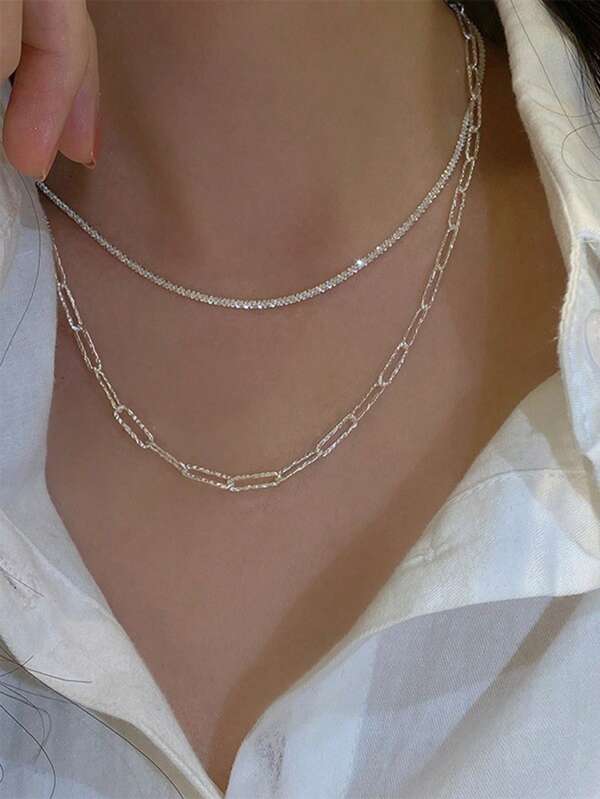 2 pièces Collier de chaîne de clavicule minimaliste et scintillant à la mode, accessoires de fête parfaits pour petite amie
