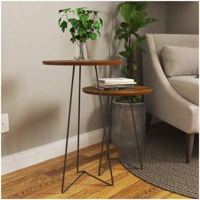 Kit 2 Mesas de Canto Redonda Industrial Pés Ferro Preto Tampo Marrom