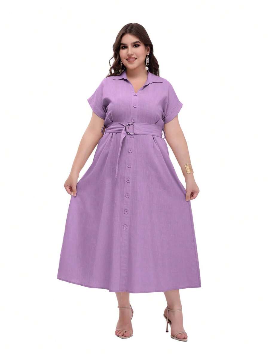 Vestido largo con cuello camisero con cinturon - Lila Púrpura - Ver 1