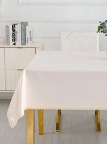 1pc Oil-Proof Water-Resistant Table Cloth, TPU Coated Waterproof Table Cover, Solid Color Banquet, Dining, Desk Tablecloth, Modern Simple Rectangular Picnic Mat With Fringe Tassel Edge - Beige - View 8