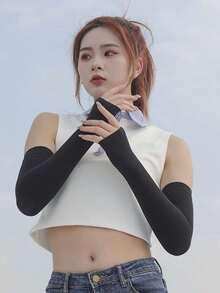 2 chiếc tay áo băng lụa trơn mùa hè, chống nắng, tay áo lái xe ngoài trời, tay áo băng đuổi côn trùng - màu đen - Xem 7