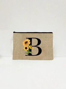 1件套字母印花亚麻拉链包，带零钱包化妆包，向日葵字母亚麻手拿包，教师节礼物，女士生日礼物，旅行收纳包：户外美妆的完美之选！