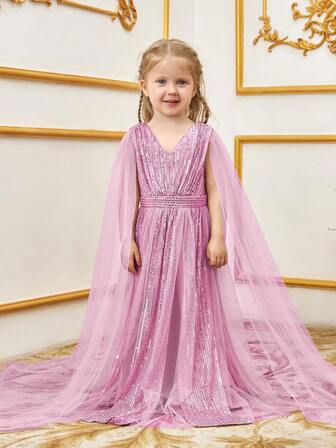 年輕女孩V領網紗對比亮片A字形正式禮服