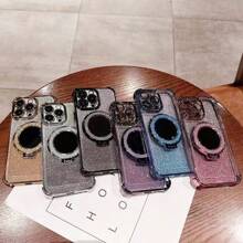 電鍍閃爍四角防摔太空殼，帶磁性化妝鏡和支架手機殼，可與MagSafe充電器相容，適用於iPhone 11，iPhone 13，iPhone 14 Pro Max，iPhone 14，iPhone 15 Pro Max - 銀色 - 查看 3