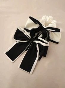 Set Of 2 Women's Black And Beige Korean-Style Satin Bowknot Hair Scrunchies For Creating Buns Or Low Ponytails, Fresh Elegant Vintage Hair Accessories For Daily Use Hair Ties Scrunchy Hair Ties