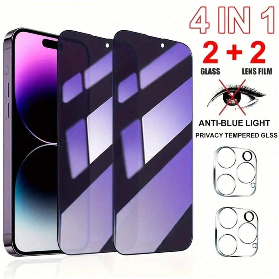 4 In 1 [2Pcs Privacy Glass + 2pcs Lens Film] Anti Peep Protection Full