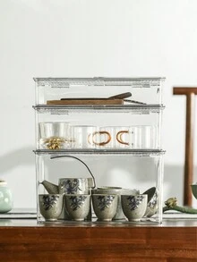 1入組透明亞克力茶具收納盒，附有防塵蓋，可疊放式收納架，適用於功夫茶杯、茶碗、茶壺和茶葉