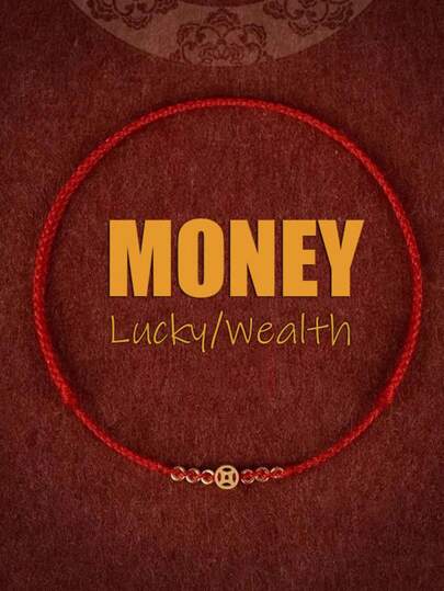 1pc Lucky Red Of Fate Money Coin Charm Bracelet For Women Men Protection Jewelry , Adjustable Size