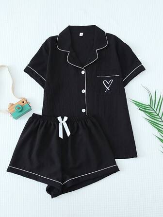 2pcs Women's Solid Color Summer Contrast Trim Polo Collar Pocket Heart Graphic Short Sleeve Top And Bowknot Shorts Pajama Set, Suitable For Home Wear