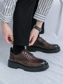 Men Business Formal Round Toe Leather Shoes, Fashionable All-Match Lace-Up Shoes For Weddings And Vacations