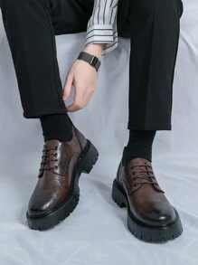 Men Business Formal Round Toe Leather Shoes, Fashionable All-Match Lace-Up Shoes For Weddings And Vacations