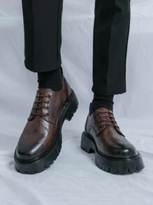 Men Business Formal Round Toe Leather Shoes, Fashionable All-Match Lace-Up Shoes For Weddings And Vacations