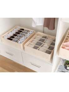 A Solid Color Oxford Cloth Drawer-Style Household Three-In-One Underwear Bra Organizer, Foldable Compartment Storage Box Wardrobe With Grid Multi-Functional Space-Saving Storage Bag Is Suitable For College Students Dormitory Family Bedroom Use. School Organizer Bags Teacher Storage Bags - Beige - View 5