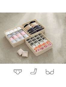 A Solid Color Oxford Cloth Drawer-Style Household Three-In-One Underwear Bra Organizer, Foldable Compartment Storage Box Wardrobe With Grid Multi-Functional Space-Saving Storage Bag Is Suitable For College Students Dormitory Family Bedroom Use. School Organizer Bags Teacher Storage Bags - Beige - View 1