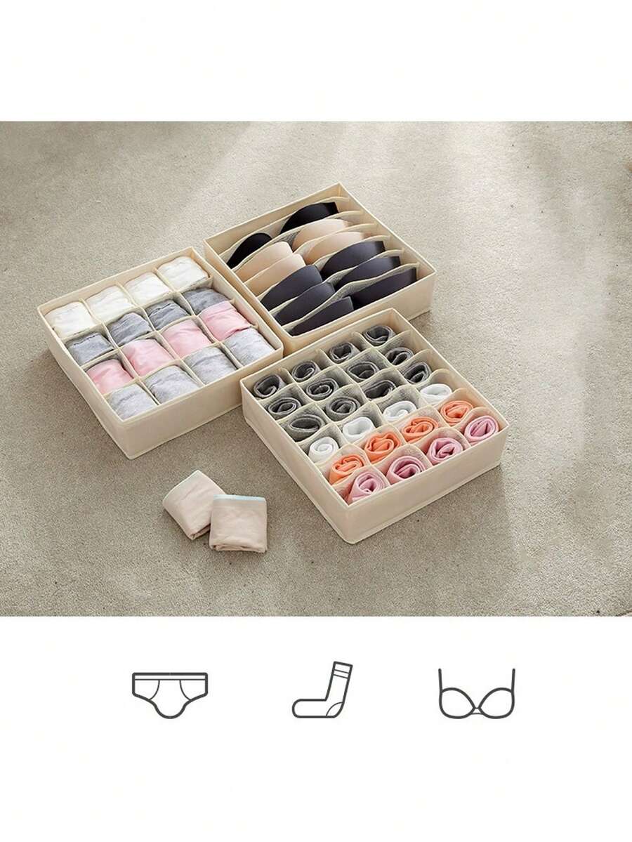 A Solid Color Oxford Cloth Drawer-Style Household Three-In-One Underwear Bra Organizer, Foldable Compartment Storage Box Wardrobe With Grid Multi-Functional Space-Saving Storage Bag Is Suitable For College Students Dormitory Family Bedroom Use. School Organizer Bags Teacher Storage Bags - Beige - View 1