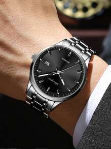 Dianpai 1pc Men's Fashion Automatic Mechanical Watch With Date Display, Night Light Waterproof Butterfly Buckle Steel Belt Business Watch - Black - View 3