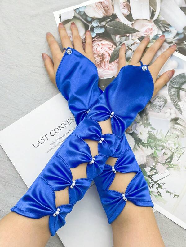 1 Pair Women Fingerless Faux Pearl Bowknot Hollow Out Forearm Sleeves Hollow Out European And American Style Dress Gloves Bridal Wedding Stage Performance Gloves