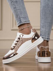 New Fashionable Comfortable All-Match Women Shoes With Laser Gold Upper And Gorgeous Sequin Decoration Flat Casual Sneakers Ladies Sports Shoes - Gold - View 5