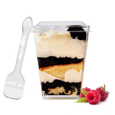NPLUX 50/100Pack 5oz Square Clear Plastic Dessert Cups With Lids And Spoons, Mini Parfait Cups For Cheesecake, Yogurt, Jello, Mousse, And Snacks