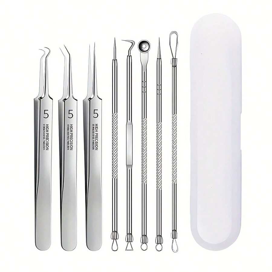 8pcs Blackhead Remover Tool Kit Pimple Extractor Acne Removal Kit For Removing Blemish, Whitehead, Blackhead On Nose And Face,Blackhead Remover,Beauty,Skin Care Products,Spa,Self Care,Skin Care Tools,Face Care,Esthetician Supplies,Skin,Face Wash,Facial - Silver - View 1