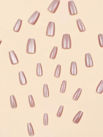 30 piezas de uñas postizas cuadradas cortas de ojos de gato color rosa pálido con brillo, 1 bloque de lijado y 1 juego de uñas de gel de presión, suministros para uñas