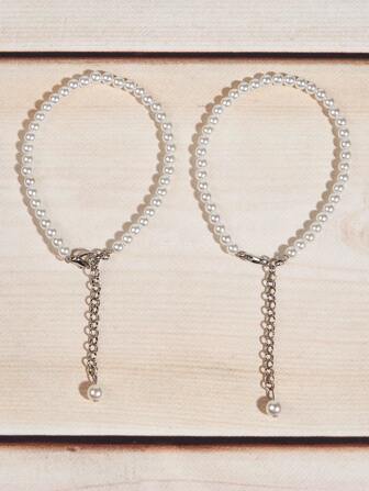 1 Pair Fashionable Silver French High Heel Chain With Detachable Pearl Decor, Suitable For Women High Heels Accessories (Pearl Chain Only, Shoes Not Included)