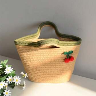 1pc Cute Cherry Knitting Summer Handbag Beach Travel Bag Practical Multifunctional Storage Bag Handmade Cosmetic Bag Cherry Pattern Birthday Gift Wedding Gift Accompanying Gift, Boho Vibes