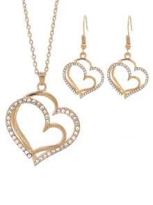 4 件心形首饰套装，适合新娘婚礼复古时尚个性化，合金镶嵌水钻镂空吊坠手链项链和耳环 - 金色 - 查看 4
