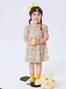 mini bala Nuevo vestido de verano para niña jóven, con estampado floral, mangas de burbuja y un elegante estilo de vestido de princesa - Amarillo - Ver 1