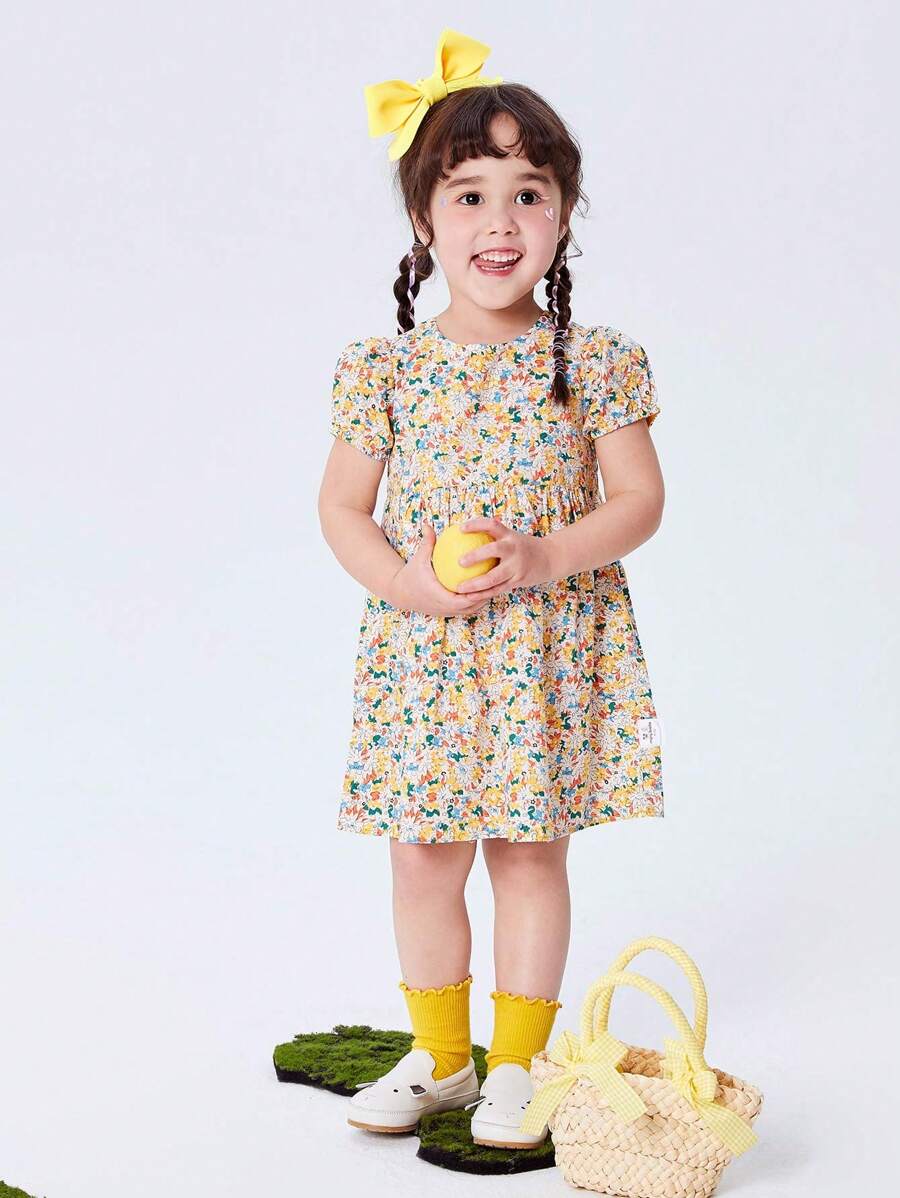 mini bala Nuevo vestido de verano para niña jóven, con estampado floral, mangas de burbuja y un elegante estilo de vestido de princesa - Amarillo - Ver 1
