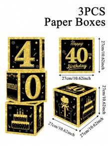 3pcs/Set 27cm 40th Black Gold Birthday Surprise Box, 40th Birthday Party Room Background Decoration, Photo Props, Birthday Gift,Christmas