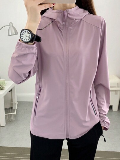Summer Workout Women Elastic, Breathable, Ice-Cool Hooded Solid Color UV Protection Sunscreen Clothes In Lilac