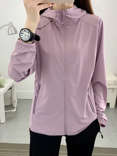 Summer Workout Women Elastic, Breathable, Ice-Cool Hooded Solid Color UV Protection Sunscreen Clothes In Lilac