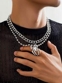 2 chiếc Vòng cổ mặt dây chuyền hình nhện phong cách Hip-Hop thời trang, Dây chuyền xương đòn chuỗi đính cườm kim loại tối giản, Bộ quà tặng trang sức trang trí quyến rũ cho nam giới - Bạc - Xem 6