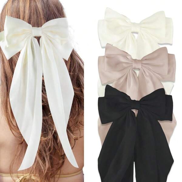 3 Pieces Of Women's Hair Bow Silky Satin Hair Clip Oversized Long Tail Hair Bow Cute Aesthetic Coquettish Hair Accessories Preppy Gift Fashion Stuff Valentine's Day Valentines Claw Clips Hair Slide Hair Barrettes