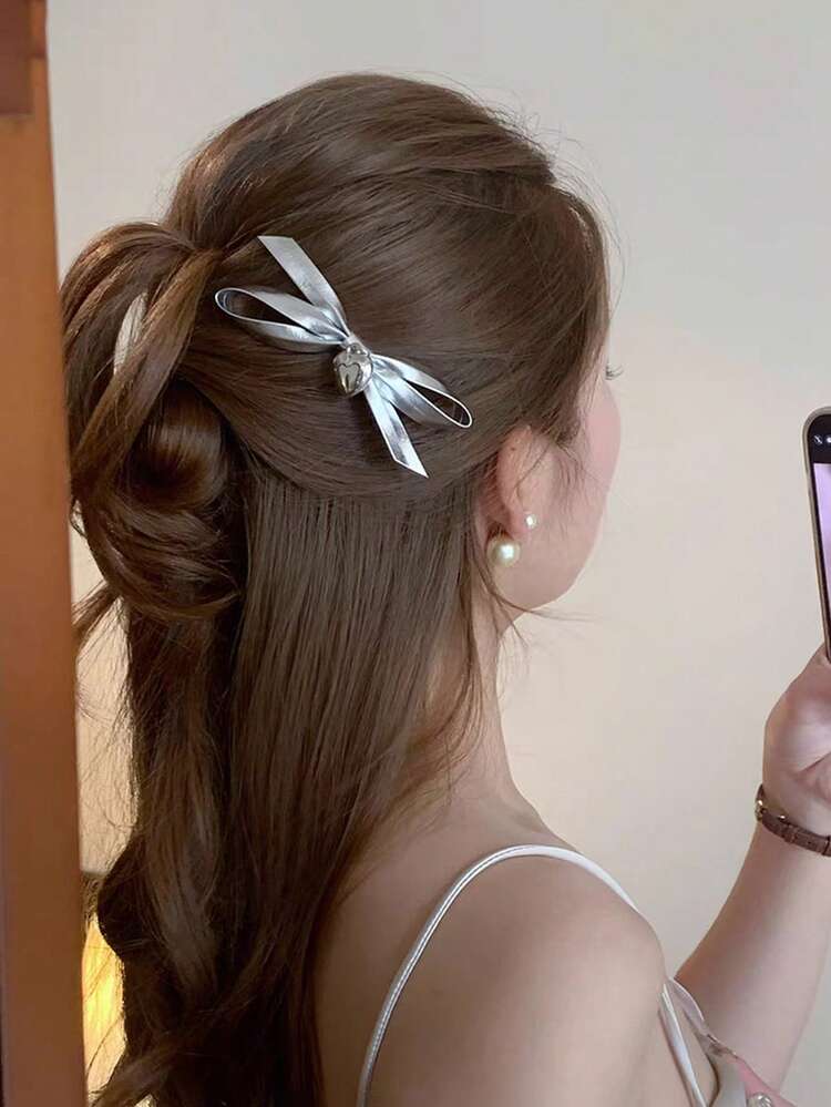 1pc Lazo plateado estilo Y2K con textura de alta gama, lindo y fresco para chicas. Presione el clip lateral con el colgante corazón en forma de corazón y flequillo - Plateado - Añade 5