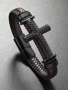 yijiangbeiting 1入組男士PU皮手編手鍊，皮革編織十字男士皮革手鍊，復古潮流手鍊 - 彩色 - 查看 14