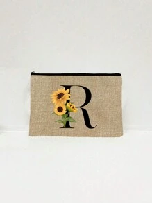 1件套字母印花亚麻拉链包，带零钱包化妆包，向日葵字母亚麻手拿包，教师节礼物，女士生日礼物，旅行收纳包：户外美妆的完美之选！