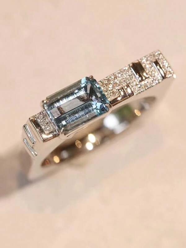 Bague en topaze bleu de mer pour femmes S925 Bijoux de diamants rectangulaires de luxe