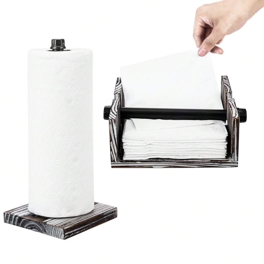 Torched Wood And Black Metal Pipe Napkin And Paper Towel Holder Set