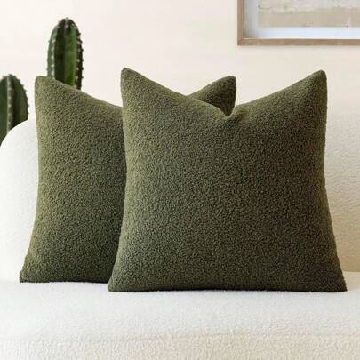 One Olive Green Chenille Fluffy Texture Pillowcase (Without Pillow Insert) Solid Color Chenille Soft Cushion Cover Suitable For Sofa, Bedroom, Bed Decoration, All Seasons Use