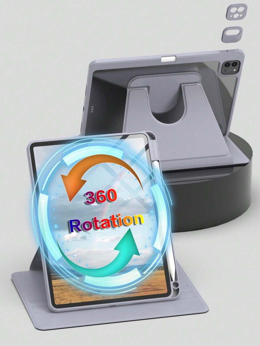 Gray-Purple 360 Degree Rotating Protective Case With Pencil Slot For IPad, Shockproof, Auto Wake/Sleep Function, Flexible Viewing Angles