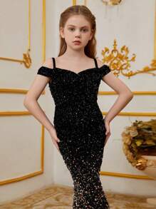 Tween Girl Sparkling Gradual Color Sequin Mermaid Evening Dress - Off-The-Shoulder Snug Fit Floor-Length Party Gown For Weddings/Prom/Special Occasions