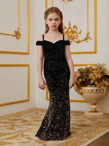 Tween Girl Sparkling Gradual Color Sequin Mermaid Evening Dress - Off-The-Shoulder Snug Fit Floor-Length Party Gown For Weddings/Prom/Special Occasions